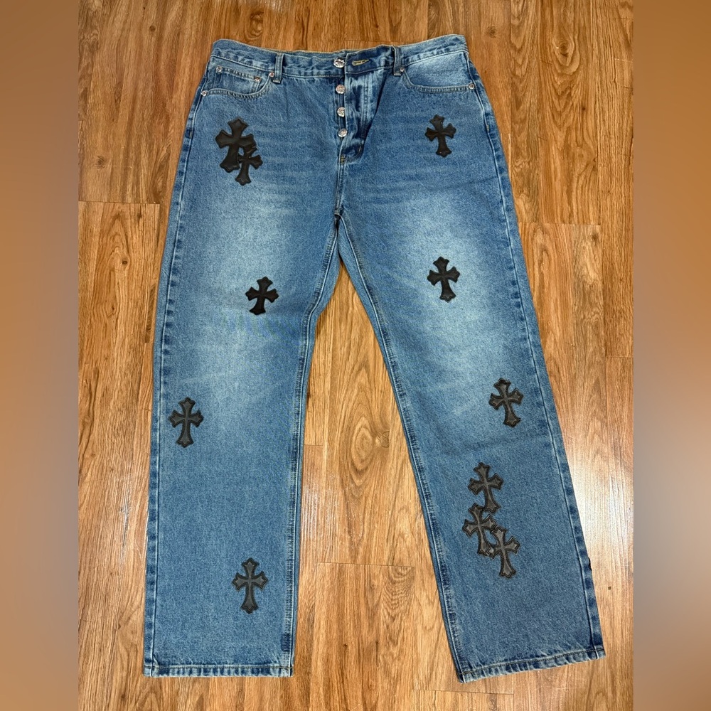 Chrome Hearts Men's Blue Jeans with Black Cross Patches Size 36W